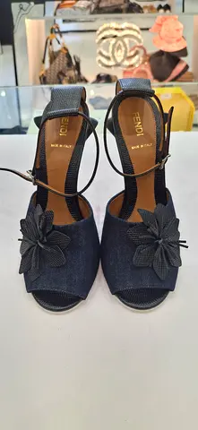Fendi denim peep-toe heeled sandals with floral detail - size unknown