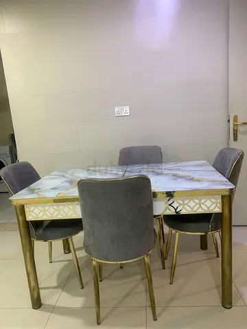 Marble-Top Dining Table with 4 Velvet Chairs — Gold Accents