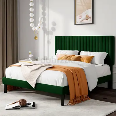 Green Velvet Upholstered Bed Frame with Headboard - Queen/Double