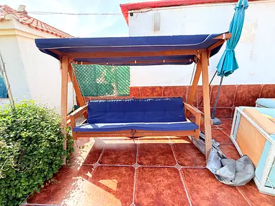 Wooden Outdoor Swing Bench with Canopy - Seats 3, Navy Cushions