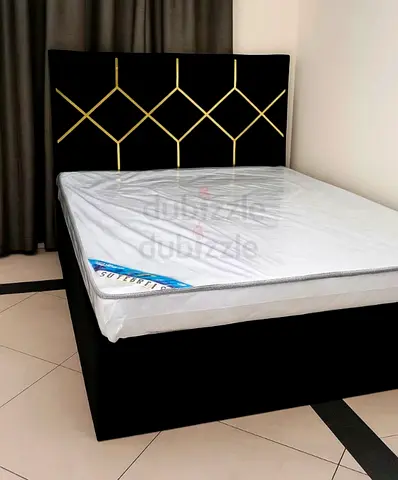 Brand New Black Fabric Queen size Double Bed with Gold Geometric Headboard
