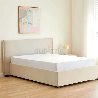 Beige Upholstered Double Bed Frame with Headboard