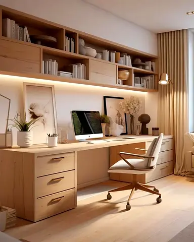 Spacious Wooden Built-in Home Office Desk with Overhead Shelving