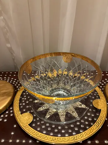 Original Glass Crystal Serving Bowl with Gold-Trim Tray Versace