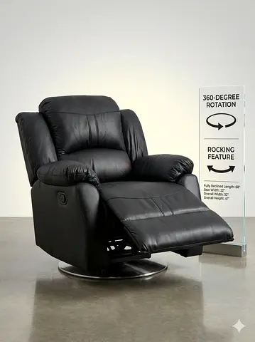 Black Leather Swivel Recliner Chair with Rocking Function