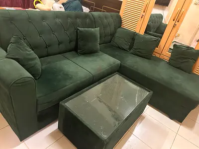 Dark Green L-shaped Velvet Sofa with Ottoman and Cushions . WhatsApp