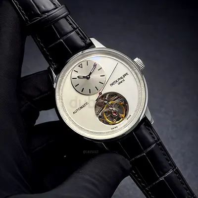 Patek Philippe-style Automatic Tourbillon Watch with Black Leather Strap