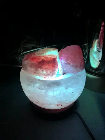 Himalayan Salt Lamp Sphere with Rose Quartz Chunks, Working