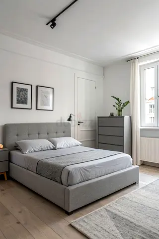 Grey Upholstered queen size Bed with Headboard - Modern Minimalist
