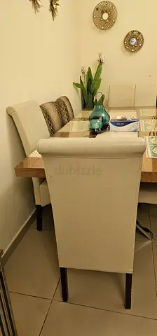 Wooden Dining Table with 4 Beige Upholstered Chairs - Good Condition