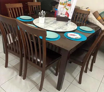 Wooden 8-Seater Dining Table with Marble Lazy Susan