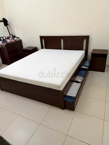 IKEA - Queen Bed Frame with Two Nightstands - Dressing Cabenet and Medicated Mattress.