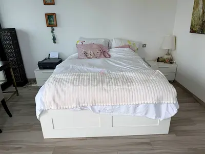 White Wooden Double Bed with Storage - Good Condition