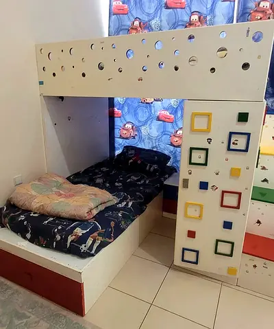 White Kids Bunk Bed with 2 Mattress Built-in Storage and Playful Blocks Design - Custom Made