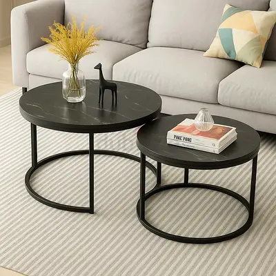 Set of 2 Round Black Nesting Coffee Tables - Metal Frame, Marble-Effect Tops