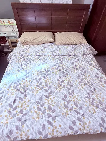 Queen wooden bed frame with headboard and mattress with storage (used)