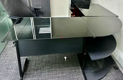Black Glass Top Office Desk with Side Shelves