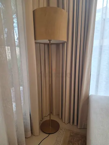 2x Gold Double-Pole Floor Lamp with Drum Shade — Good Condition