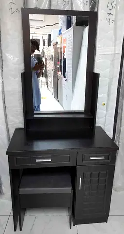 Dark Wood Dressing Table with Mirror, Stool and Storage Cabinet
