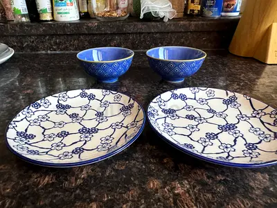 Blue White Floral Ceramic Plates and Small Bowls - Set of 4