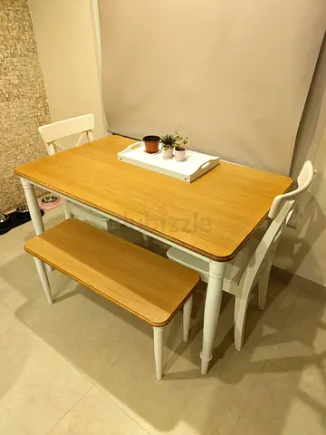 Wooden Dining Table Set with Bench and 2 Chairs - Compact, Great Condition