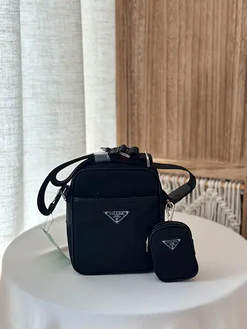 Black Nylon Messenger Bag with Mini Pouch