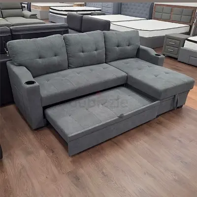Grey L-shaped Convertible Sofa with Storage  Cup Holders