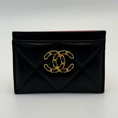Authentic CHANEL 19 CARD WALLET IN BLACK LAMBSKIN