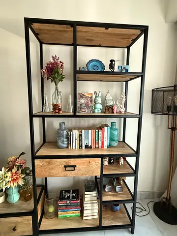 Industrial-style tall bookcase / display shelving unit (wood + metal)