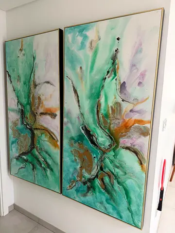Pair of Large Abstract Green Wall Art Paintings with Gold Frames