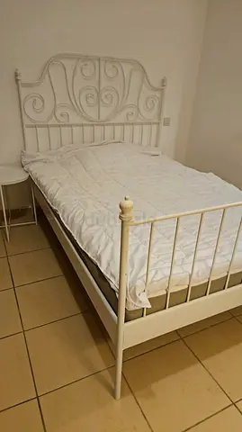 Ikea White Metal Double Bed Frame with Decorative Headboard.