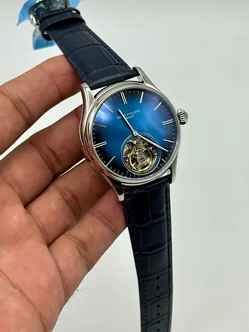 Blue Dial Tourbillon Mechanical Watch with Leather Strap