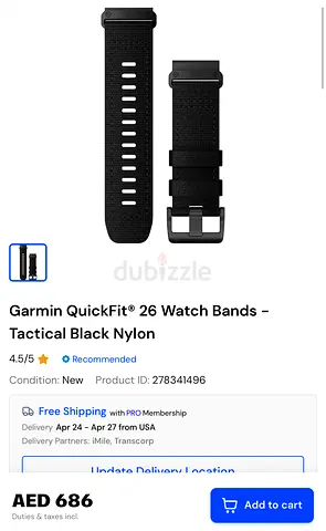 Garmin QuickFit 26 Tactical Black Nylon Watch Band - New