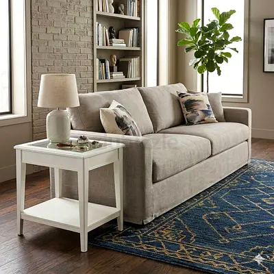 Two White bedside / living area wooden tables with glass top surface