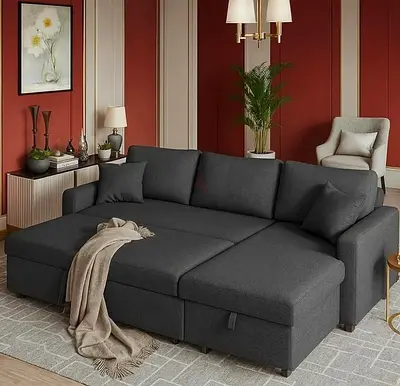 Dark Grey L-Shaped Sofa Bed with Storage - Comfortable 3-Seater