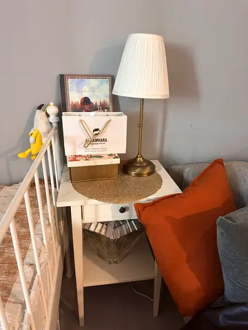 White Bedside Table / Nightstand with Lamp and Accessories