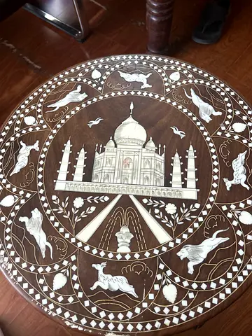 Antique Round wooden side table with intricate inlay featuring Taj Mahal and animal motifs