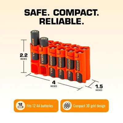 Storacell AA Battery Storage, Orange, Holds 12 Batteries (Not included)
