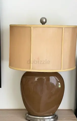 Large Brown Ceramic Table Lamp with Beige Drum Shade