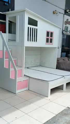 White and Pink Kids Bunk Bed with Playhouse Design and Stairs