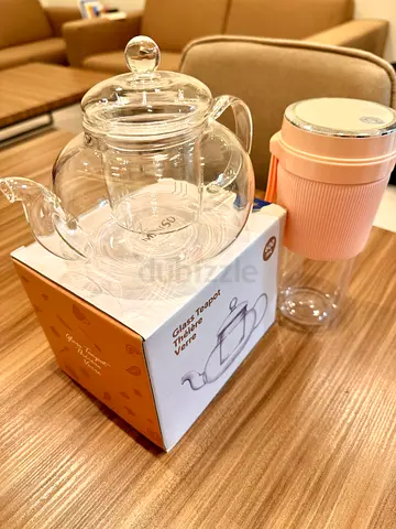 Glass Teapot with Lid + Pink Portable Mug/Tumbler - New! Only 29 dirham for two items !