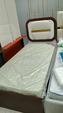 Single Bed Frame with Headboard and New Mattress - Light Beige