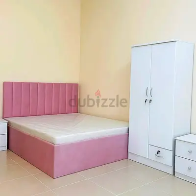 Brand New Pink upholstered Queen size bed with mattress and white wardrobe set