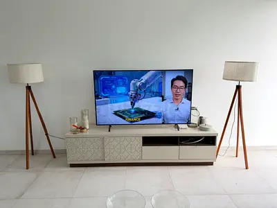 TV - LG 65 OLED +2 Wooden Tripod Floor Lamps + Minimalist TV table