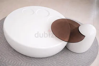 Modern Round White Coffee Table with Built-in Side Table