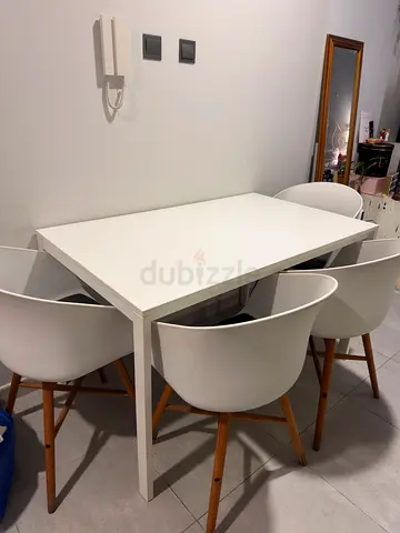 IKEA White Dining Table with 4 Modern White Chairs (Wood Legs)