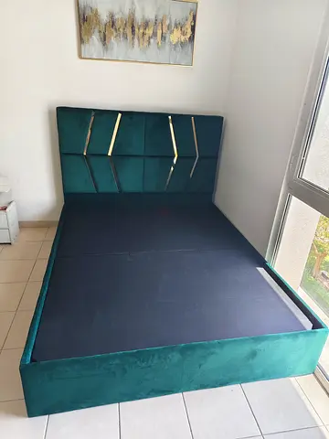 Green Velvet Double Bed Frame with Geometric Headboard New For Sale
