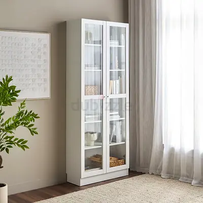 White Glass-Door Display Cabinet / Bookcase - Slim Tall Storage