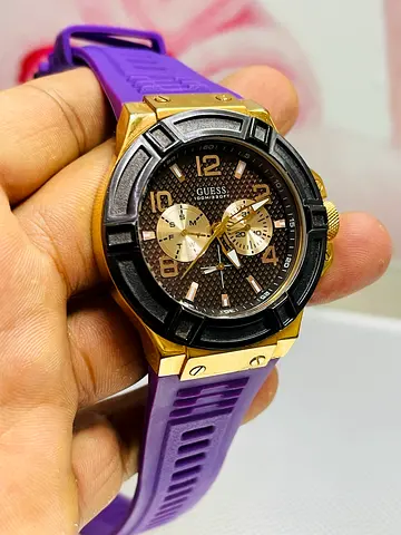 GUESS mens chronograph watch with purple rubber strap — good working condition
