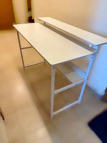 White Standing Desk with Raised Monitor Shelf — Good Condition
